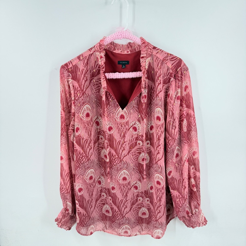 Talbots Blouse Pink XL Peacock‎ Feather Print Gold Metallic Ruffle Neck Top